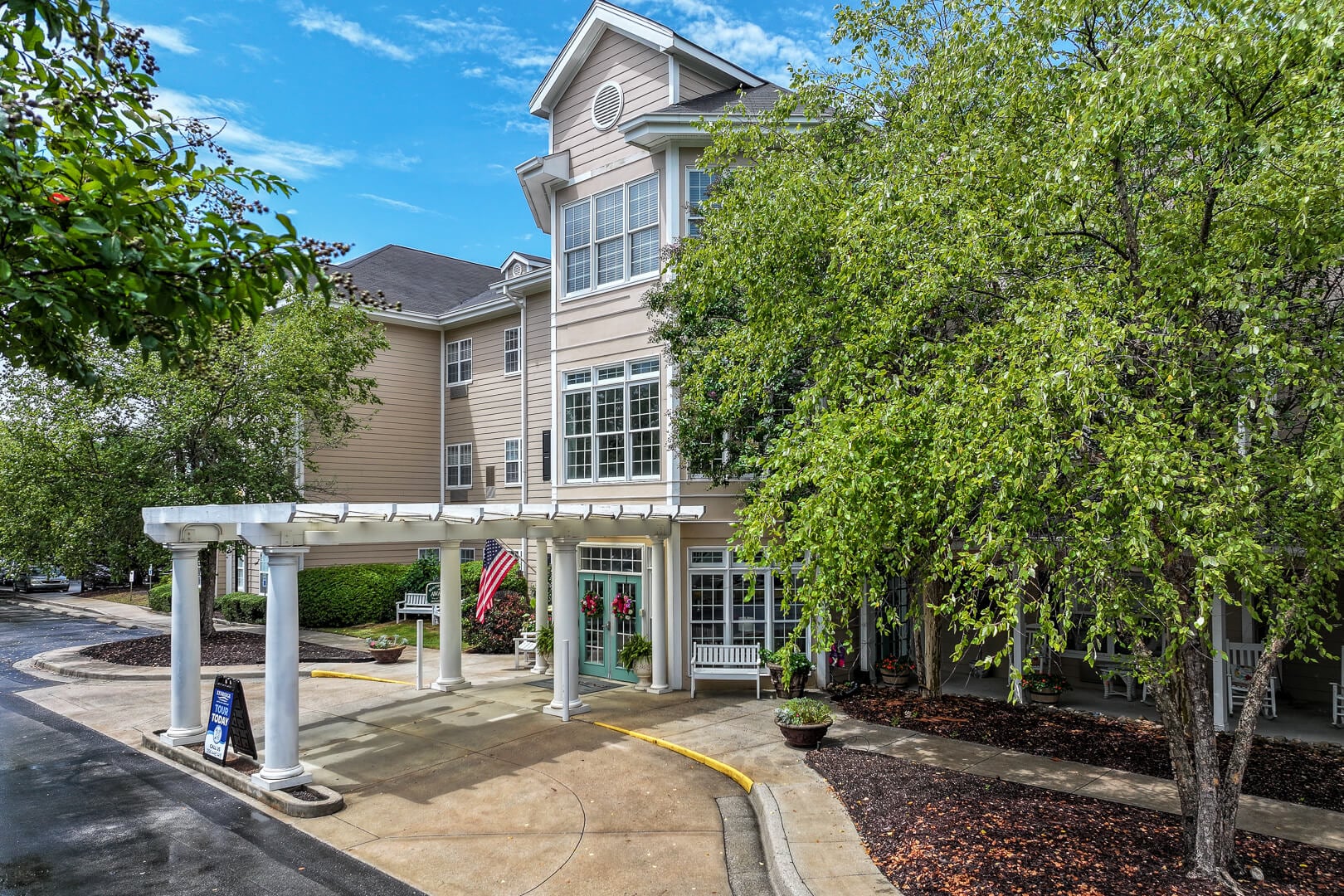 Modern Three-Story Building Entrance at Assisted Living Huntsville